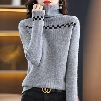 100% чистый свитер, женский новый свитер с высоким воротом, подходящий по цвету, с длинным рукавом, модный классический свободный свитер высокого класса