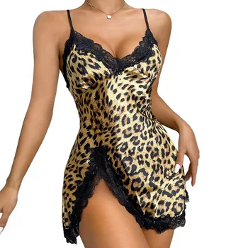2023 Сексуальная Цельная ночная рубашка С леопардовым принтом, Летнее Тонкое Дышащее Платье На Подтяжках, Домашняя Одежда, Новая Пижама Из Ледяного Шелка Для Женщин