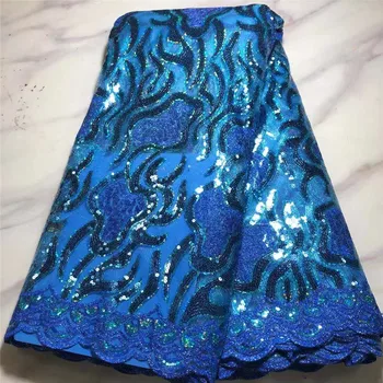 5 ярдов Синей африканской сетчатой кружевной ткани С блестками 2022, Высококачественное Французское тюлевое кружево, Нигерийский материал Для Свадебного платья 2P220