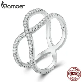 Bamoer, двухслойное кольцо на палец из стерлингового серебра 925 пробы, Геометрическое кольцо для женщин, оправа в виде Паве, CZ, изысканные ювелирные изделия, SR386