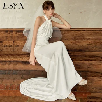 LSYX, Элегантное Свадебное платье Трапециевидной формы на бретелях Для женщин, Плиссированное Свадебное платье со шлейфом и открытой спиной, Простое