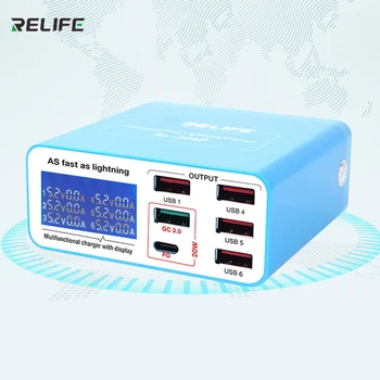 RELIFE RL-304P Умное 6-портовое USB-зарядное устройство с цифровым дисплеем для всех мобильных телефонов и планшетов с поддержкой зарядки PD3.0 + QC3.0