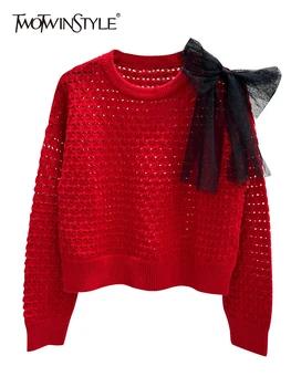 TWOTWINSTYLE, однотонные повседневные вязаные свитера Для Женщин, круглый вырез, длинные рукава, лоскутный бант, Элегантный Темпераментный свитер для женщин
