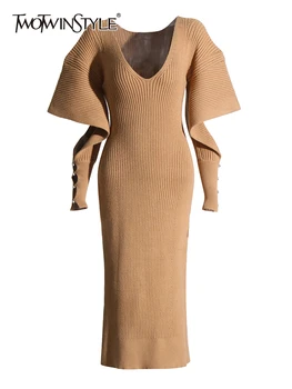 TWOTWINSTYLE, открытые минималистичные платья для женщин, V-образный вырез, пуловер с длинным рукавом и высокой талией, Осеннее платье, Женская модная одежда