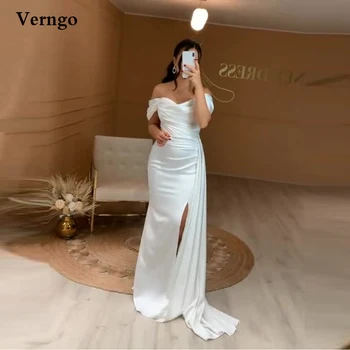 Verngo 2021 Простые белые атласные платья Русалки для выпускного вечера Со съемной верхней юбкой С разрезом сбоку от плеча Официальные вечерние платья