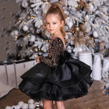 Yipeisha/ Вечернее Платье Черного Цвета с круглым Вырезом для девочек, Пышное Платье с длинными рукавами и блестками, Вечернее Платье для Детей, Мини-Одежда для Выпускного вечера для малышей