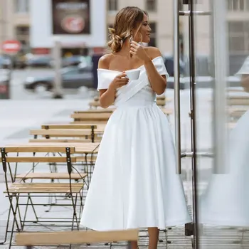 Атласное Свадебное платье с Трапециевидным вырезом и открытой спиной, Элегантное и простое Свадебное платье средней и длинной длины с открытыми плечами, Белое платье