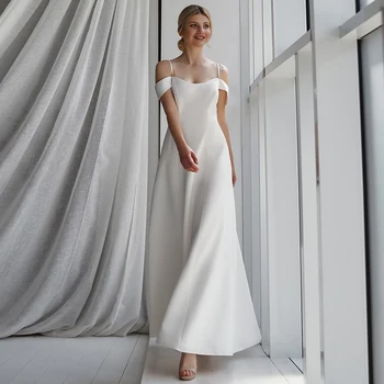 Белое свадебное платье из джерси длиной до щиколоток с открытыми плечами, женское классическое свадебное платье трапециевидной формы с квадратным воротником, сшитое на заказ, высокое качество