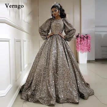 Вечерние платья Verngo Glitter Dubai, Арабские Вечерние платья, Скромные платья с круглым вырезом и длинными рукавами для выпускного Вечера, Женское вечернее платье с Ближнего Востока