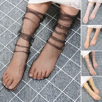 Дышащие сетчатые носки с ворсом ручной работы, кружевные короткие носки со стразами, прозрачные женские чулки с бутонами, ажурные носки для вечеринки