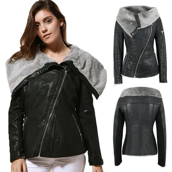 Женская кожаная куртка, короткая женская мотоциклетная куртка из искусственной кожи, плюшевое толстое асимметричное пальто на молнии, теплое тонкое пальто, женские зимние новые топы