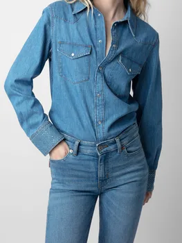 Женская однобортная джинсовая рубашка, Манжеты Со стразами, Модный Топ с отложным воротником, Осенняя женская блузка с двойными карманами 2023