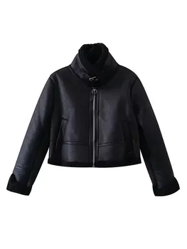 Женская Черная теплая куртка из искусственного меха с воротником-стойкой для отдыха, Модное укороченное женское пальто для клубной вечеринки, мотоциклетное пальто 2023