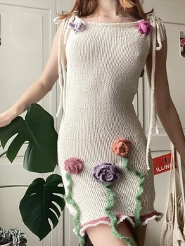 Женское Винтажное мини-платье Y2K, вязаное крючком, Летнее, с 3D цветочными лентами, с открытой спиной, Облегающее, без рукавов, с завязками на плечевом ремне, Вязаное платье