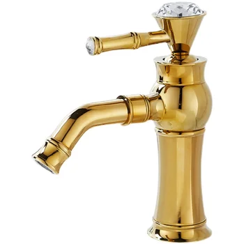 Золотой хрустальный смеситель для ванной комнаты с одним отверстием в европейском стиле, золотой смеситель для горячей и холодной воды, латунный подсоединитель с одной ручкой 