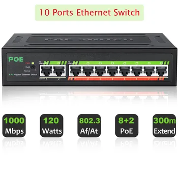 Коммутатор Gigabit Ethernet 10 Портов POE Ethernet Коммутатор 1000 Мбит/с 8 PoE + 2 восходящих канала IEEE802.3af/at 120 Вт Встроенное питание для IP-камеры