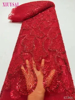 Красная вышитая бисером Кружевная ткань Высококачественная Африканская Кружевная ткань Ручной работы из бисера Кружевная ткань для новобрачных Материал Французское сетчатое кружево