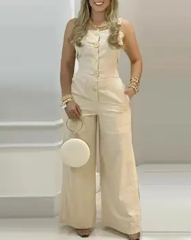 Летняя мода 2023, женский однотонный комбинезон для отдыха на улице, широкие брюки на пуговицах с подтяжками