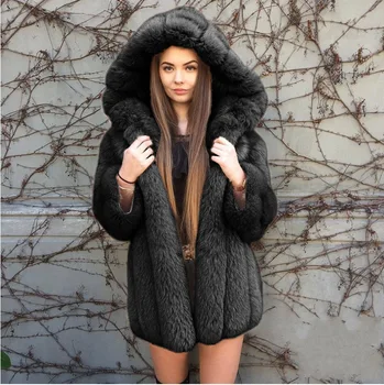 Меховое пальто женское пальто средней длины с капюшоном