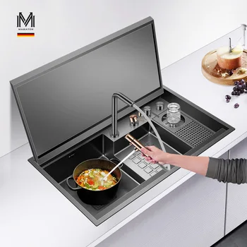 Новая Роскошная черная Кухонная раковина 880*500*240 мм, Невидимая С крышкой, Высококачественный набор кухонных раковин, Подъемный кухонный кран, шт./компл.