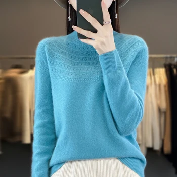 Новый осенне-зимний свитер, женский полый свитер с полувысоким вырезом и длинными рукавами из 100% шерсти, первоклассный готовый к носке свитер