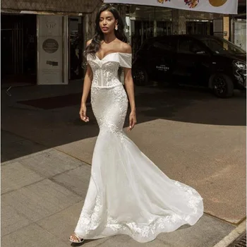 Оптовые Элегантные Свадебные платья Русалки цвета слоновой кости с открытыми плечами и короткими рукавами, Свадебные платья для невесты с аппликацией 2021