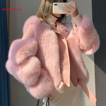 Пальто из искусственного меха, Женская Розовая Высококачественная Меховая Укороченная куртка из искусственного меха, кожаная лоскутная куртка, Женское зимнее пальто, короткие пальто из искусственного меха