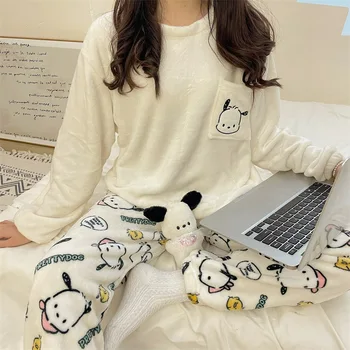 Пижама Hello Kitty Sanrio Pochacco из Кораллового Бархата, Женская Осенняя Пижама с Рисунком Cinnamoroll Kuromi, Утолщенные Комплекты домашней Одежды, Подарки для Детей