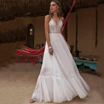 Свадебные платья Eightree Beach Bobo с V-образным вырезом, Сексуальные Шифоновые Кружевные аппликации, Свадебное платье с открытой спиной, Vestido De Noiva