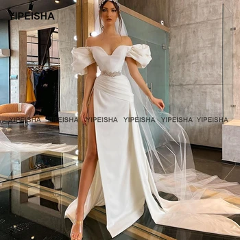 Сексуальное вечернее платье Yipeisha с высоким разрезом, вечерние платья с открытыми плечами, платья знаменитостей в стиле русалки, белое вечернее платье с пышными рукавами