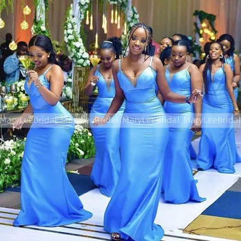 Синие Платья Подружек Невесты в стиле Русалки с бретельками без рукавов, Африканское женское Длинное свадебное платье для вечеринок, вечерний халат De Soiree Femme