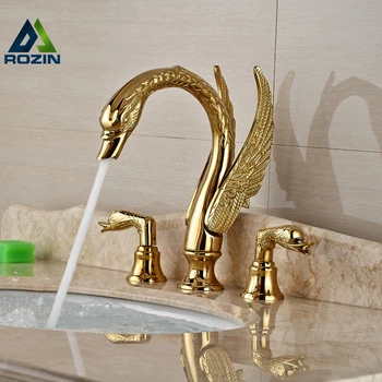 Смеситель для ванной комнаты с медно-золотой отделкой, Роскошный кран для раковины в форме золотого лебедя, двойная ручка, крепление на бортике