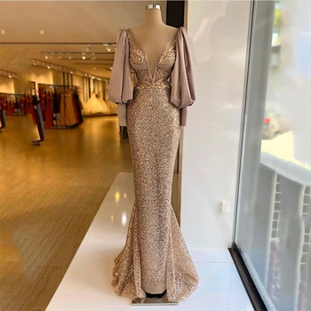 Тонкое платье для выпускного вечера с пайетками 2021, Сексуальное Вечернее коктейльное платье без бретелек с V-образным вырезом и пышными рукавами в Дубае, Арабский Пошив на заказ
