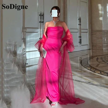 Элегантные вечерние платья из атласа персиково-розового цвета от SoDigne с пальто, длинное простое платье для выпускного вечера без бретелек, платье для официальных мероприятий